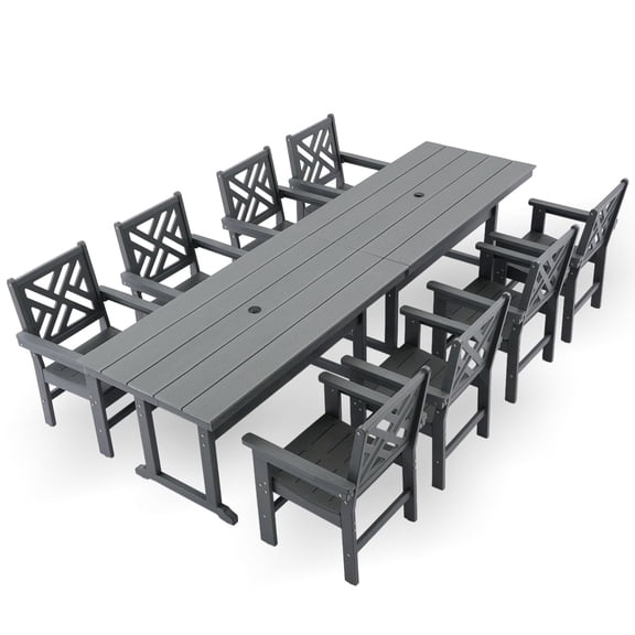 HDPE Dining Table Set for 8,10-Piece Outdoor Table and Chairs Include 8 Dining Chairs and 2 Pcs 62.5" Patio Dining Table with Umbrella Hole (Gray)