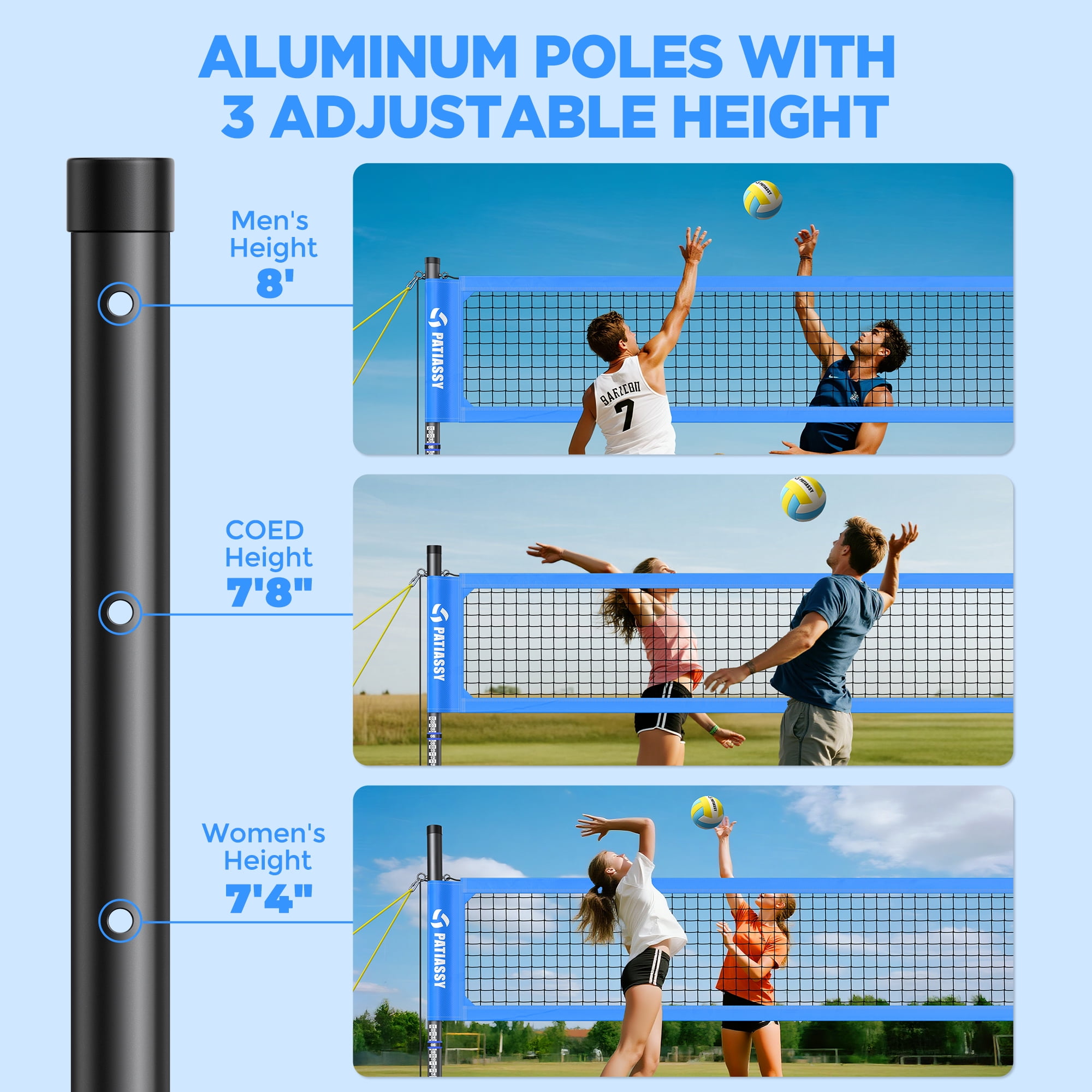 Patiassy Portable Professional Outdoor Volleyball Net Set for Backyard Beach with Adjustable Height Aluminum Poles, Winch System, Volleyball with Pump
