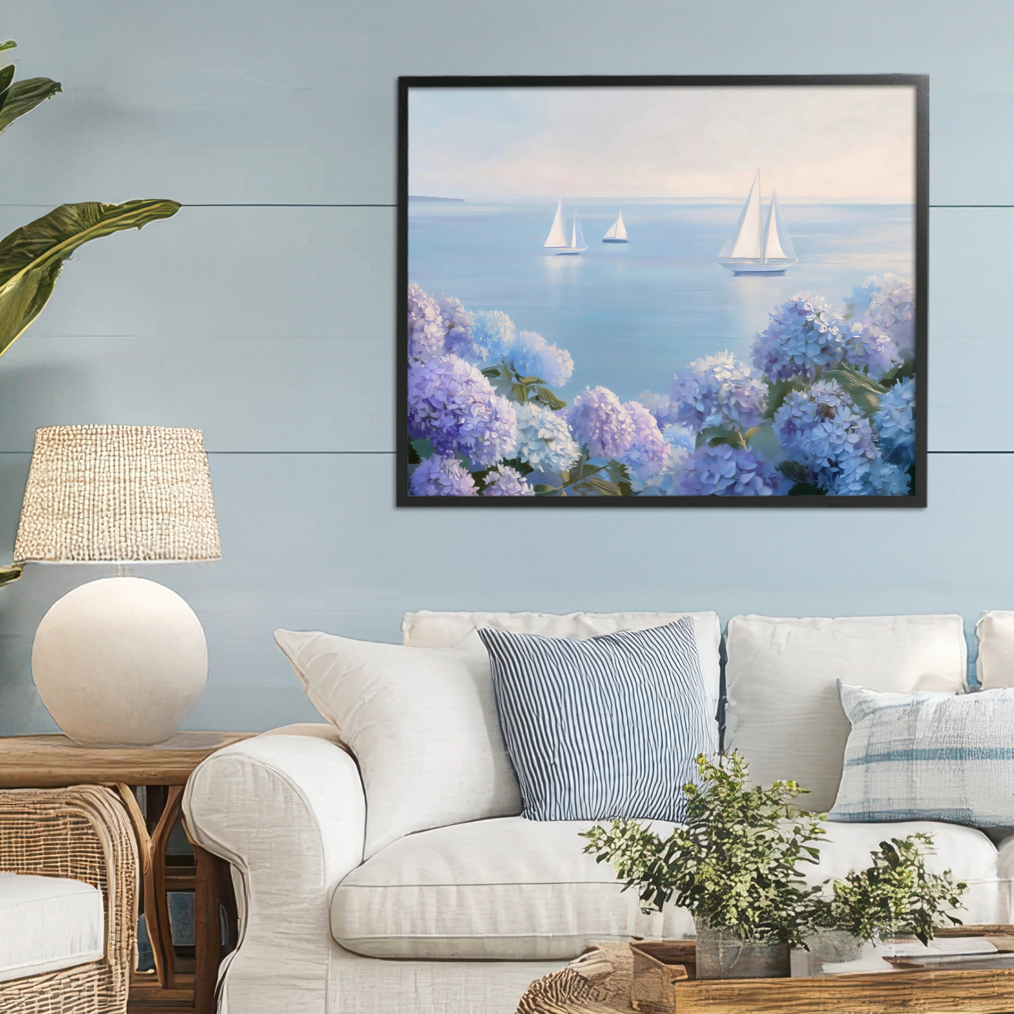 Stupell Industries Sailboats & Hydrangeas at Sea Black Framed Giclee Art, design by LSR Design Studio