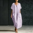 thumbnail image 4 of ClodeEU Women's Striped V Neck Short Sleeve Linen Blend Midi Dress, Casual Loose Swing Sundress with Pockets Purple,Women's Plus XXL, 4 of 7