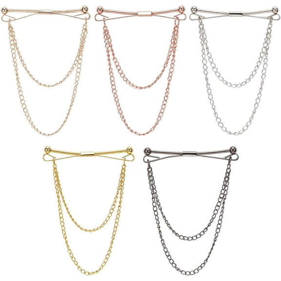 1 Box 5 Colors Tie Collar Chain Pin Metal Alloy Silver Golden Classic Necktie Clip Link Double Chain Cravat Collar Bar Tassel Brooch Pin Set
