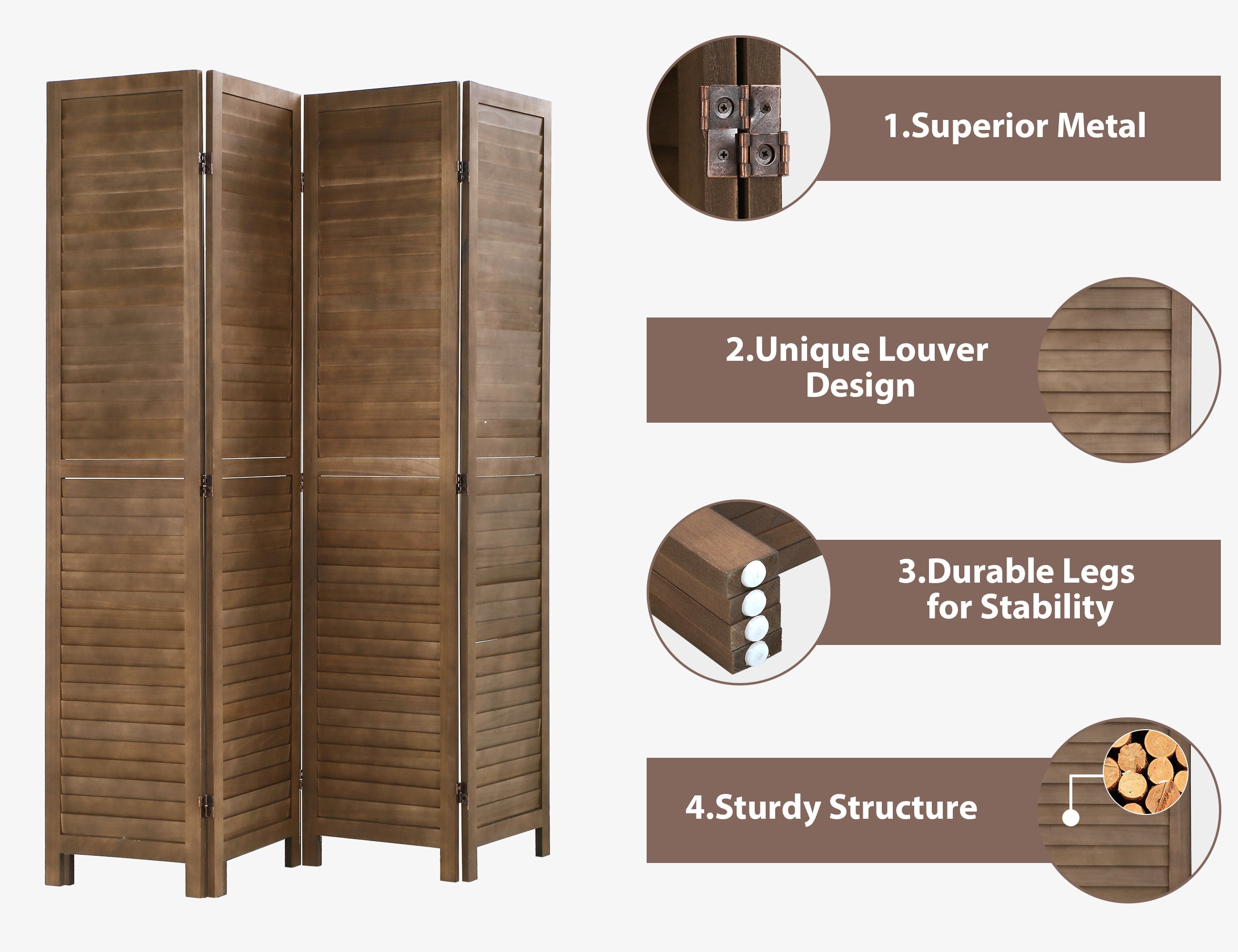 YRLLENSDAN 4 Panel Wood Room Divider Partition Room Dividers 5.6 Ft Tall Privacy Wall Divider 66.9" x 15.75" Each Panel Folding Wood Screen for Home Office Bedroom Restaurant (Brown)