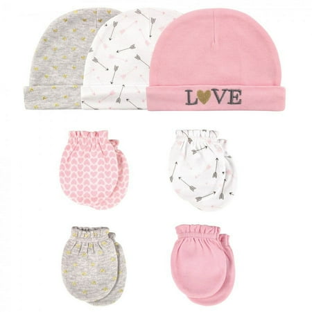 UPC: 0660168517026 | Hudson Baby Infant Girl Cotton Cap and Scratch Mitten 7pc Set Love 0-6 Months