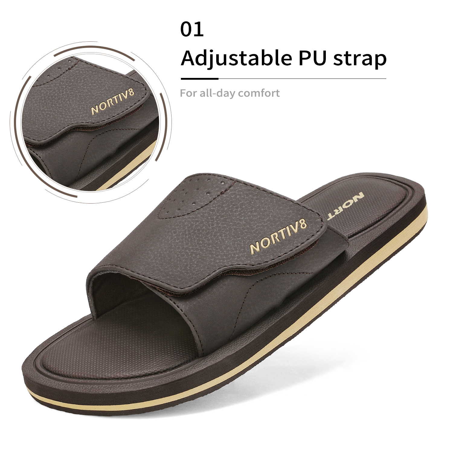 Nortiv 8 Men's Memory Foam Adjustable Slide Sandals Comfort Lightweight Beach Shoes Summer Outdoor Slipper Fusion Dark/Brown Size 15 - image 4 of 5
