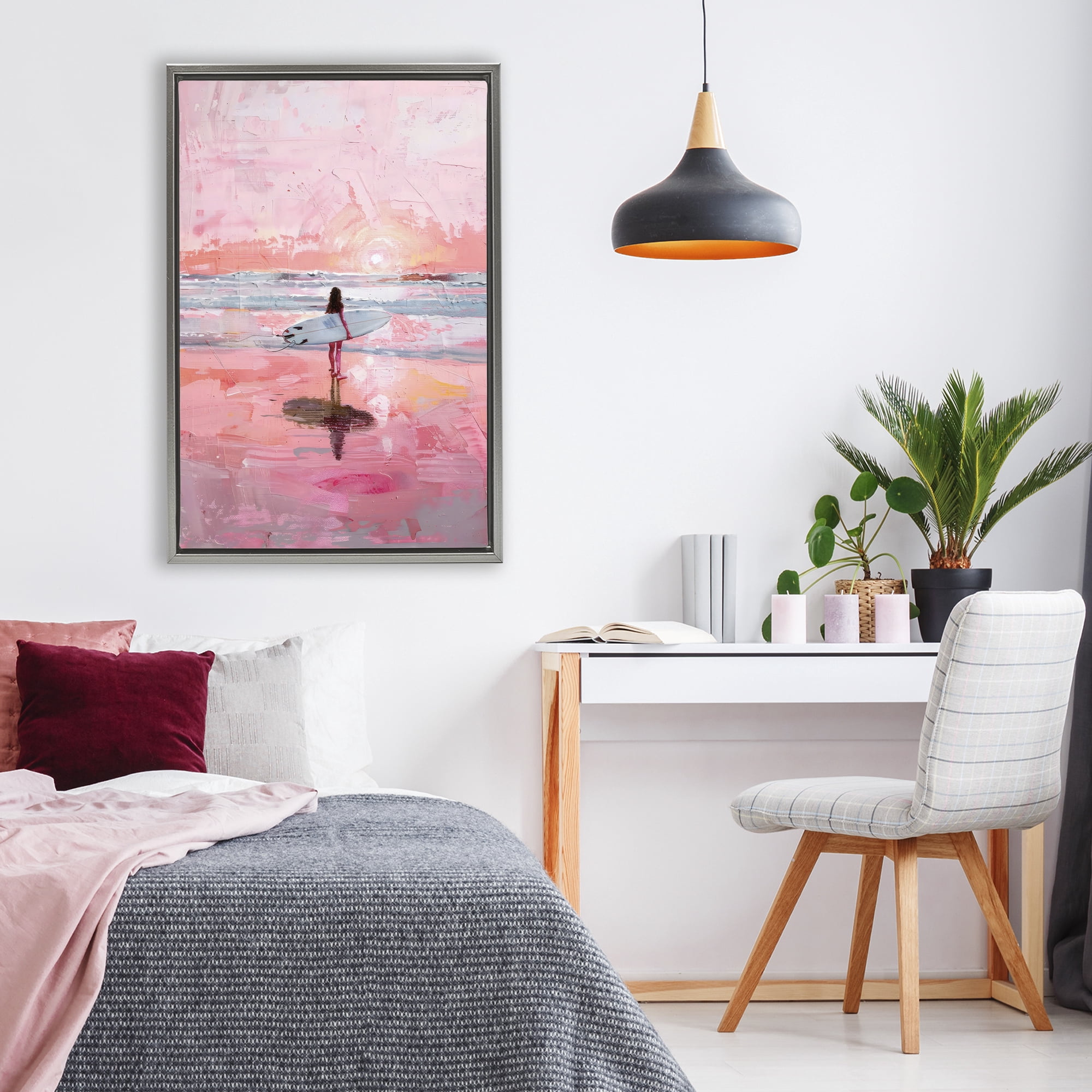 Stupell Industries Surfer at Pink Sunset Gray Framed Floater Canvas Wall Art, design by Creative Studio