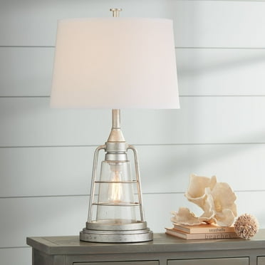 Franklin Iron Works Fisher Coastal Table Lamp 28 3/4" Tall Galvanized Metal Cage with Nightlight LED Drum Shade for Bedroom Living Room Bedside House