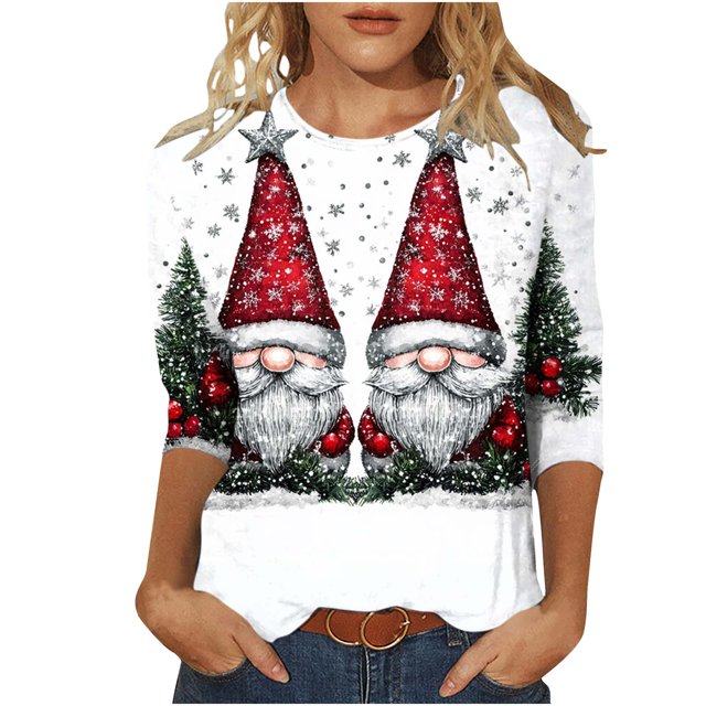 yoeyez T-Shirts de Noël Laids pour Femmes Manches 3/4 Hauts de Noël Mignons Chandail à Paillettes Imprimé Arbre de Noël Chandail de Fête d'Automne Tunique à Col Rond