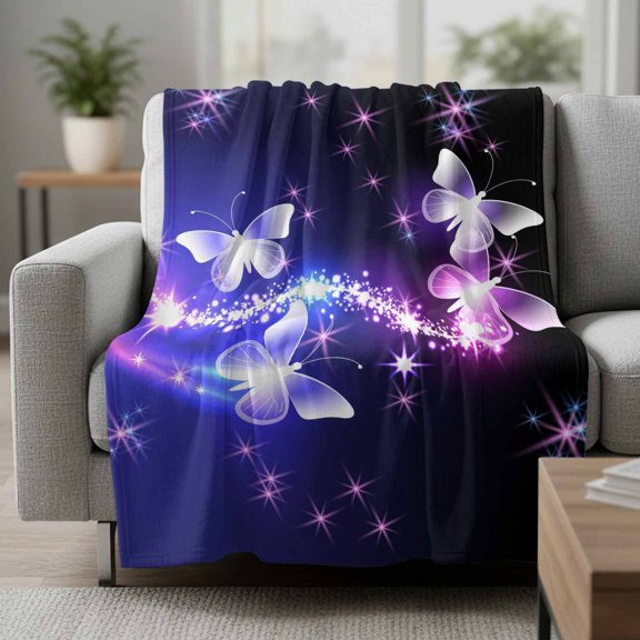 Purple Butterfly Fleece Throw Blanket Gradients Fantasy Shiny Ultra Soft Fuzzy Cozy Flannel Throw Blanket for Couch Sofa Bed Car Travel, Ideal Gifts 50x60 Inches
