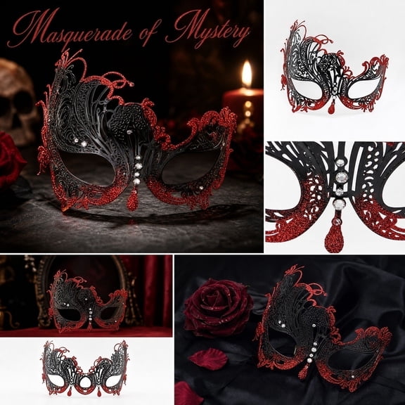 Black and Red Masquerade Mask, 6 X 6 Inch Filigree Metal Rhinestone Venetian Masquerade Masks for Women and Men, Halloween Accessory for Halloween Party and Mardi Gras Events, 1
