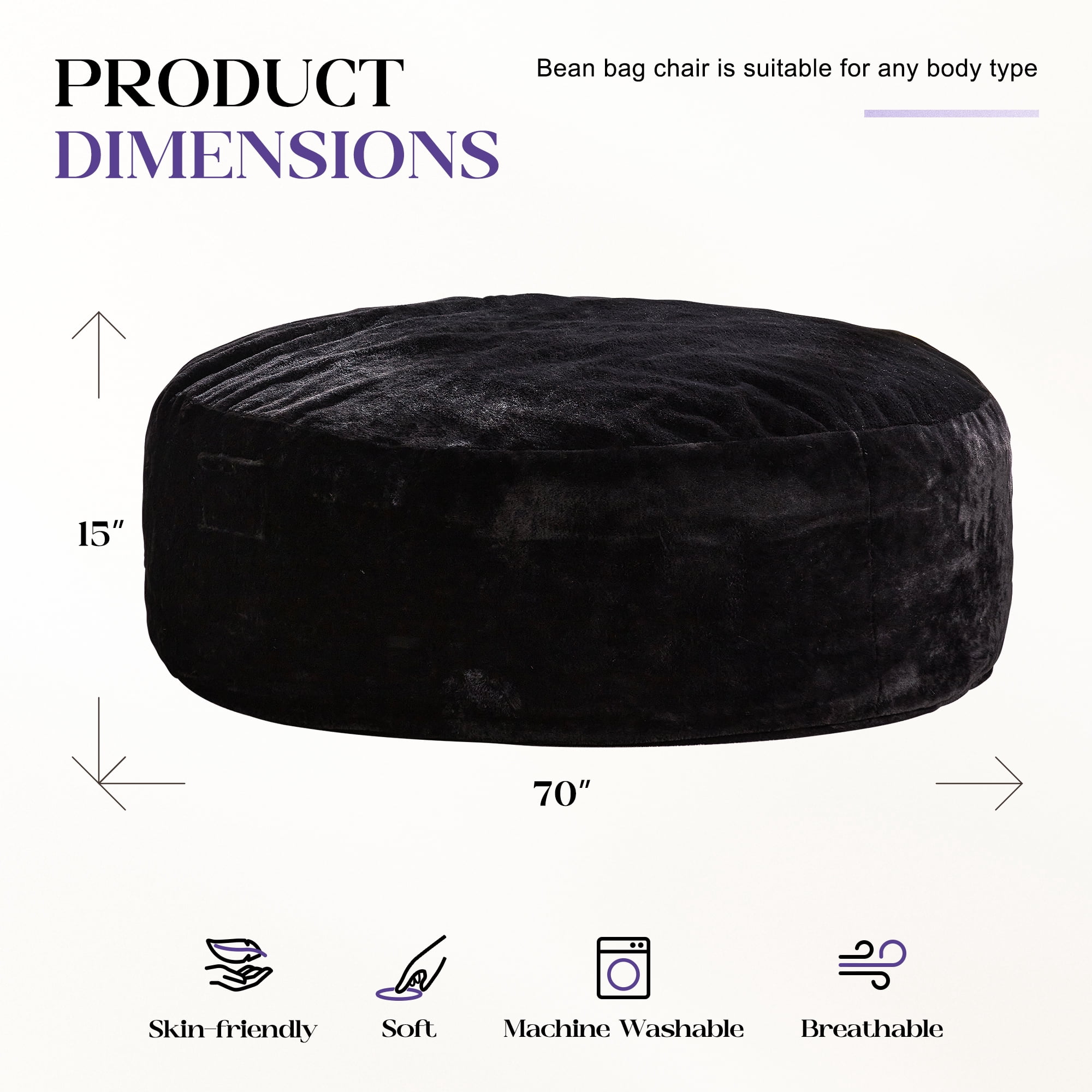 Hobestluk Bean Bag Chairs Giant Beanbag Chair with Filler, Memory Foam Bean Bags with Machine Washable Cover, Bean Bag Chairs for Adults for Living Room, Bedroom (BLACK, 6FT - 70" x 70" x 15")