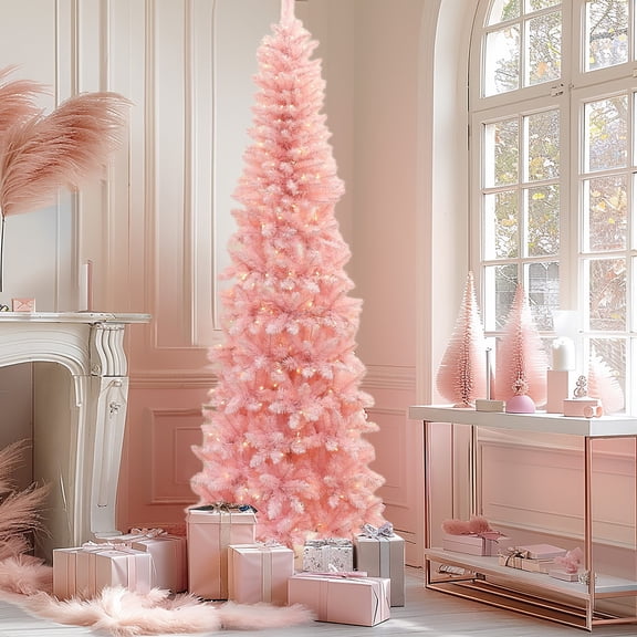 LuxenHome 7Ft Pre-Lit Pink Slim Tree with Metal Stand