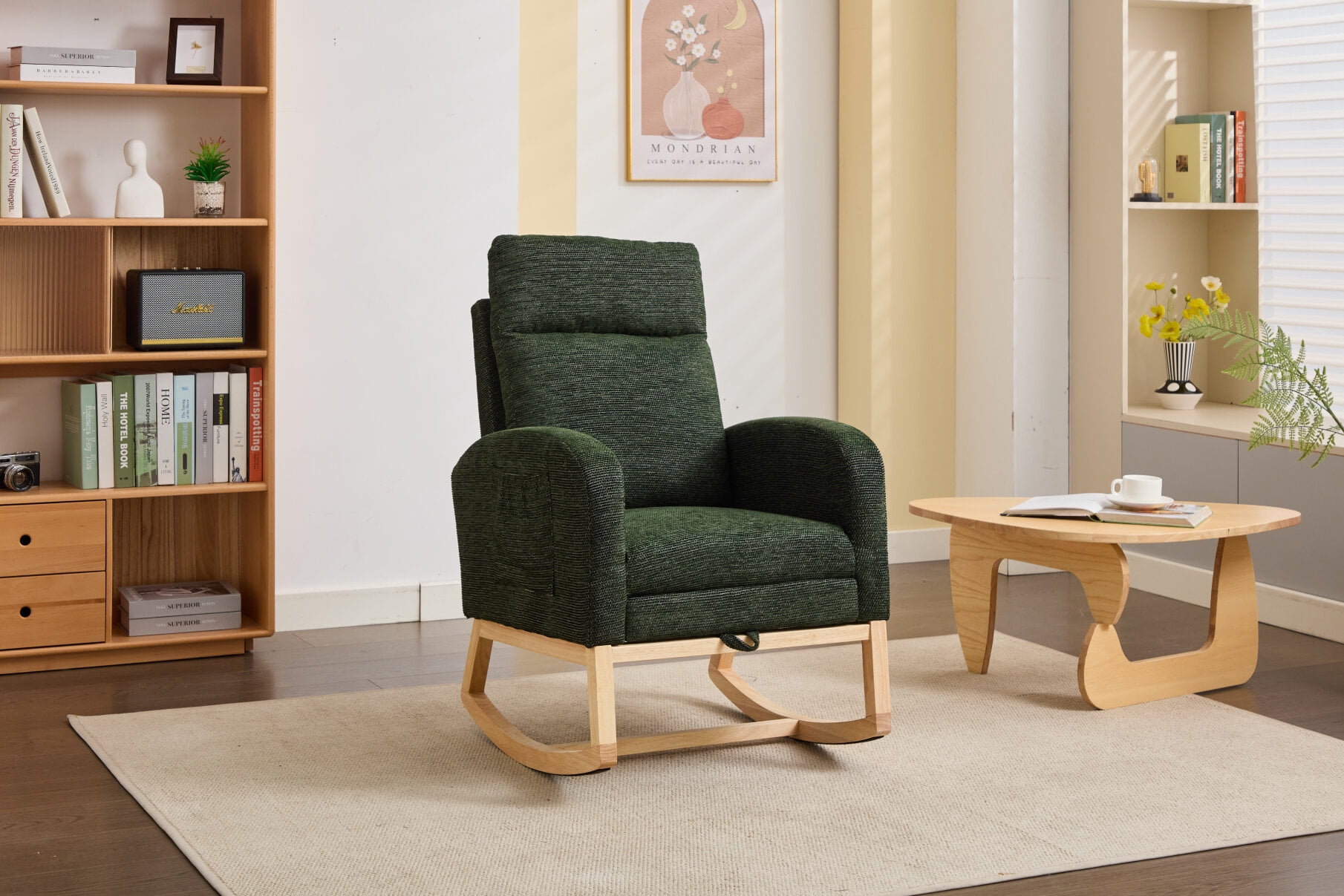 Modern Rocking Chair with Solid Wood Frame & High-Density Cushioning, Nursery Glider with Side Pocket, Breathable Fabric Lounge Armchair for Living Room Comfort & Baby Nurture