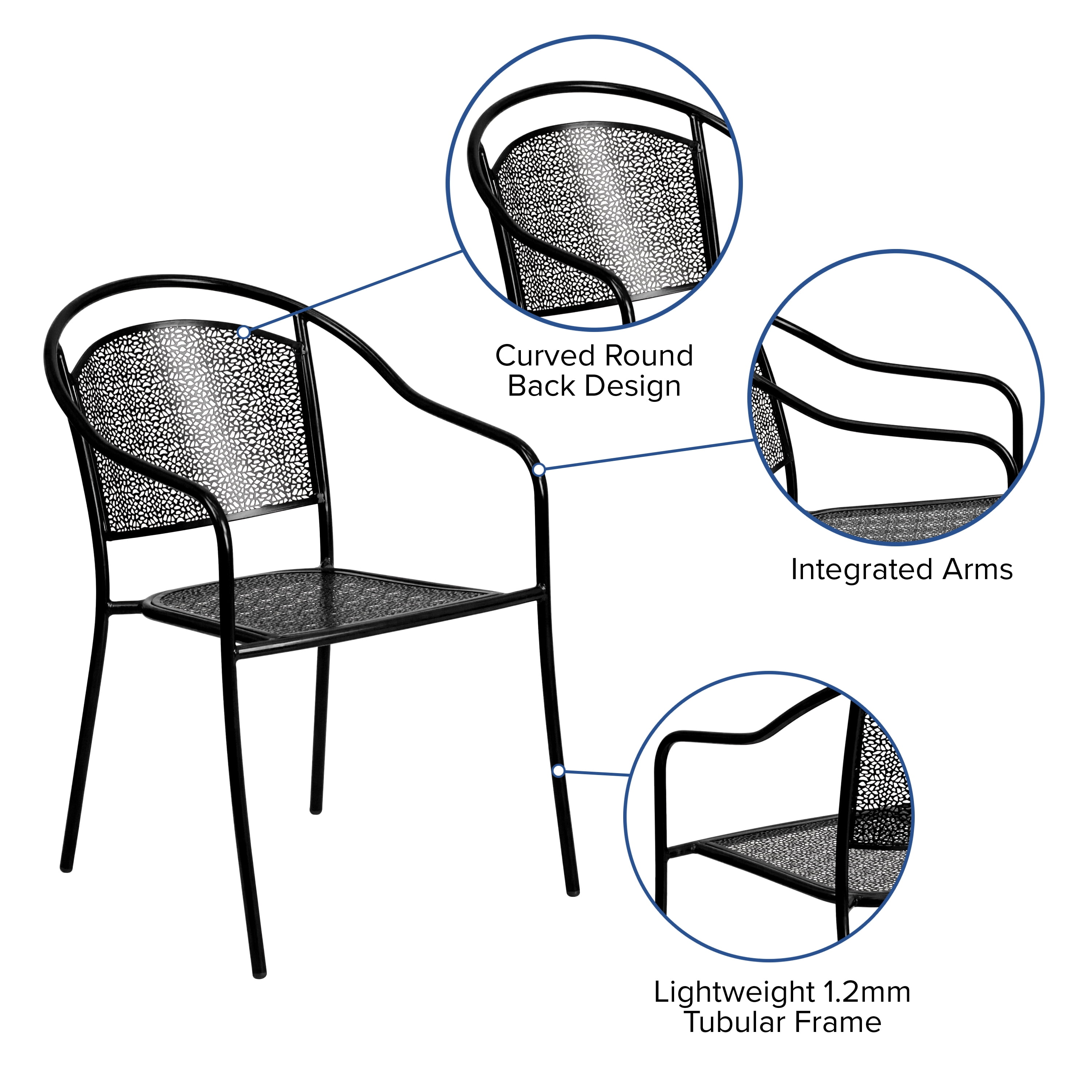 Emma + Oliver Commercial Grade Black Indoor-Outdoor Steel Patio Arm Chair with Round Back