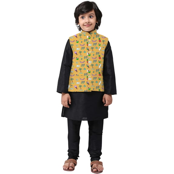 eloria Boys Hawaii Printed Nehru Jacket Front Button Closure Casual Party Wear Vest Waistcoat Mustard