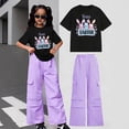 thumbnail image 2 of SGMVNU Girls Wide Leg Cargo Pants Set Summer Casual Short Sleeve Graphic Tee Two Piece Outfits Kids Tracksuits Size 8-9 Years, 3-Dark Purple, 2 of 3