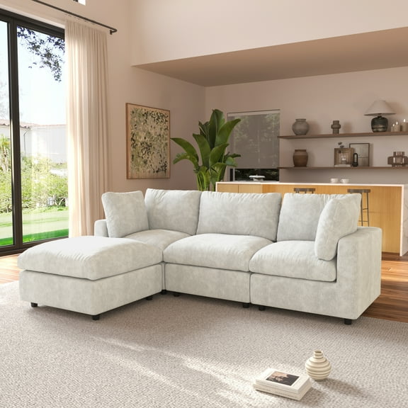 Magic Home 100.5" Modular Sectional Sofa, Modern Chenille L Shaped Cloud Couches Beige Couch for Living Room, Apartment, Office, 4-Seat, Beige