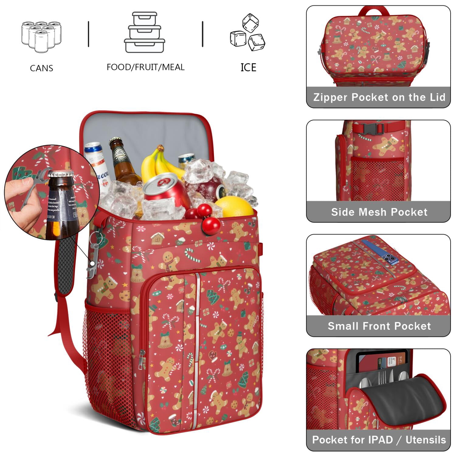 Travel Cooler Bag - Red Christmas Gingerbread Man Pattern Camping Beer Cooler Backpack with Bottle Opener- Waterproof Insulated Picnic Backpacks - Cooler Bag for Beach