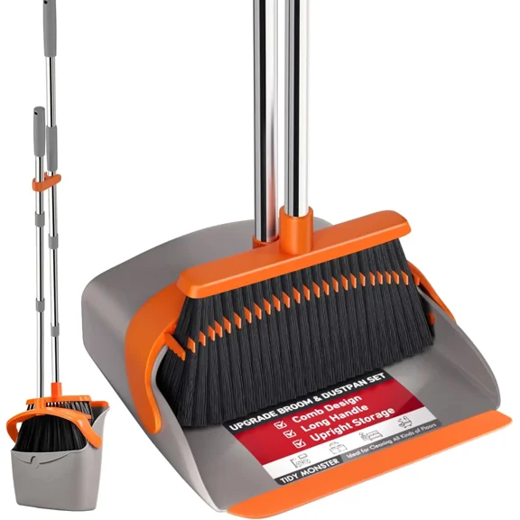 Broom with Dustpan Combo Set, Large Upright Brooms and Dust Pans with 52" Long Handle, Self-Cleaning with Dustpan Teeth. Perfect for Indoor Outdoor.
