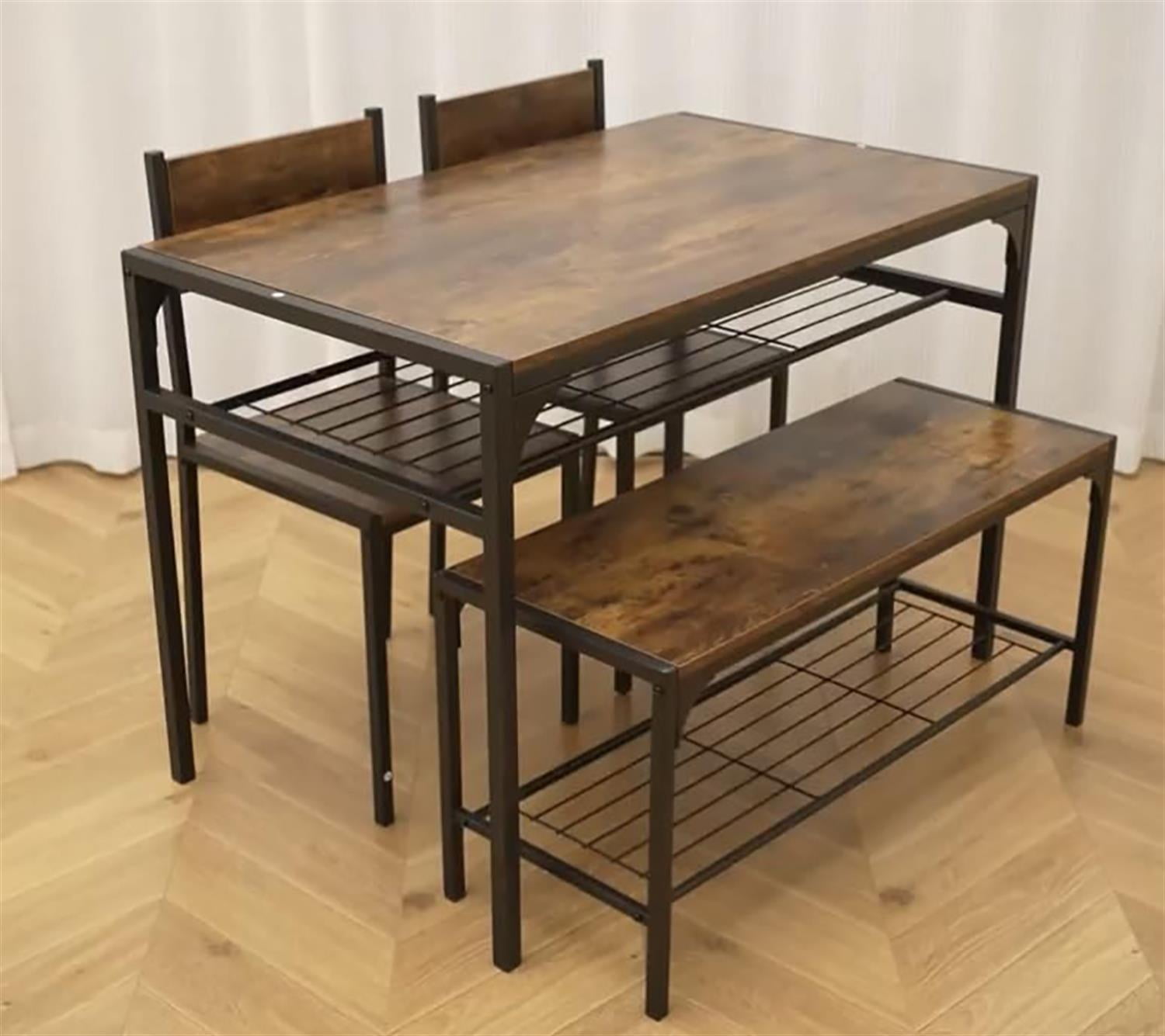 Demi Bonn 4-Piece Dining Table Set with Bench and 2 Chairs, 43"dustrial Kitchen Table with Metal Frame and Storage Rack, Perfect for Small Space, Gray