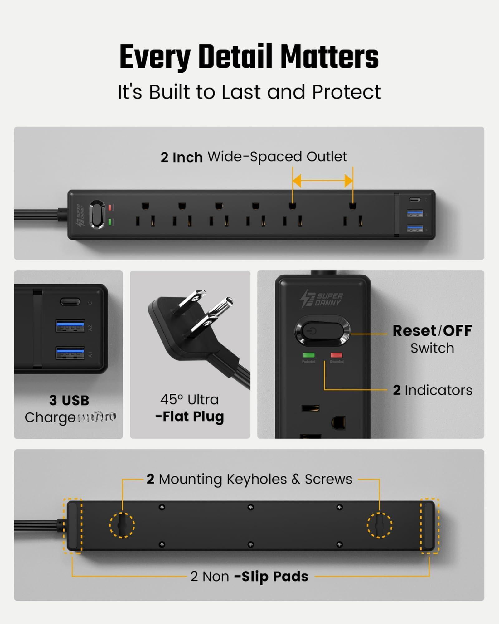 Black Long Extension Cord 20ft  Flat Plug Surge Protector Power Strip With 6 Outlets & 3 Usb Ports Bar For Home Office Dorm Room