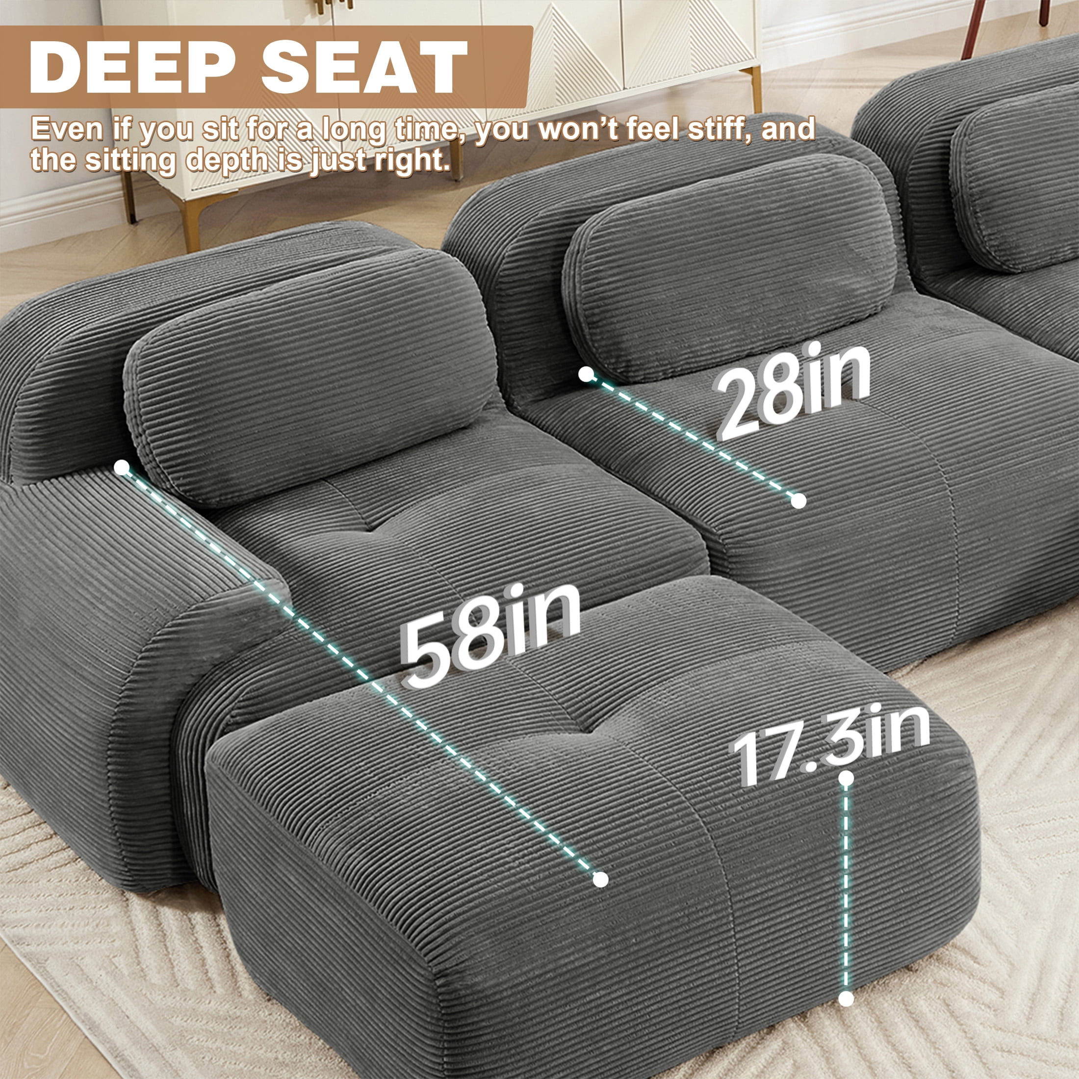 Aukfa 118" U-Shaped Modular Sectional Sofa, Deep Seat Living Room Couch, Corduroy, No Assembly, Gray