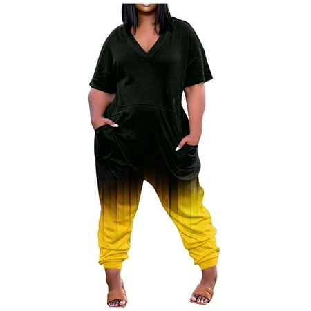 

Usmixi Womens Jumpsuits Plus Size Fashion Long Jumpsuits Overalls with Pocket Trendy Striped Print V-Neck Short Sleeve Maxi Summer Rompers Black xxxxl