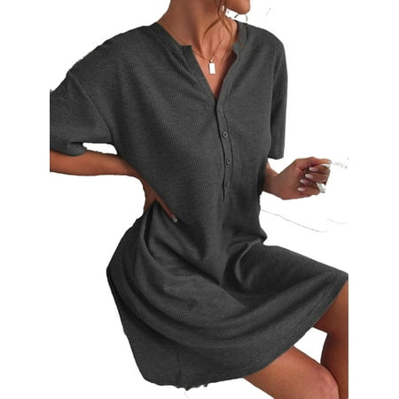 

Casual Notched Neck Sleepshirts Short Sleeve Dark Grey Women s Lounge Dresses (Women s)