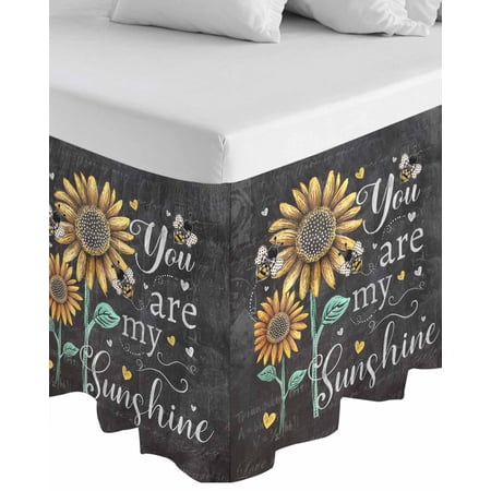 Farmhouse Sunflowers Wrap Around Bed Skirts for Queen Bed 16" Drop,Bed Skirt with Adjustable Elastic Belt Dust Ruffle Bed Valance for Bedroom Hotel Summer Floral My Sunshine Vintage Bed Frame Cover