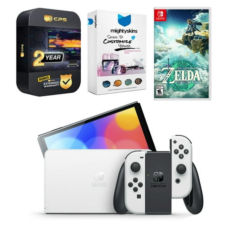 Nintendo Switch White OLED Console with The Legend of Zelda: Tears of the Kingdom, MightySkins Console and Controller Skin Voucher, and 2 Year CPS Extended Warranty
