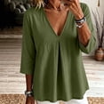 thumbnail image 6 of thefmos Women's Fall V Neck 3/4 Sleeve Pleated Flowy Blouses Casual Dressy Tops Solid Basic Pullover for Work Vacation Fashion Clothes, Army Green S, 6 of 9