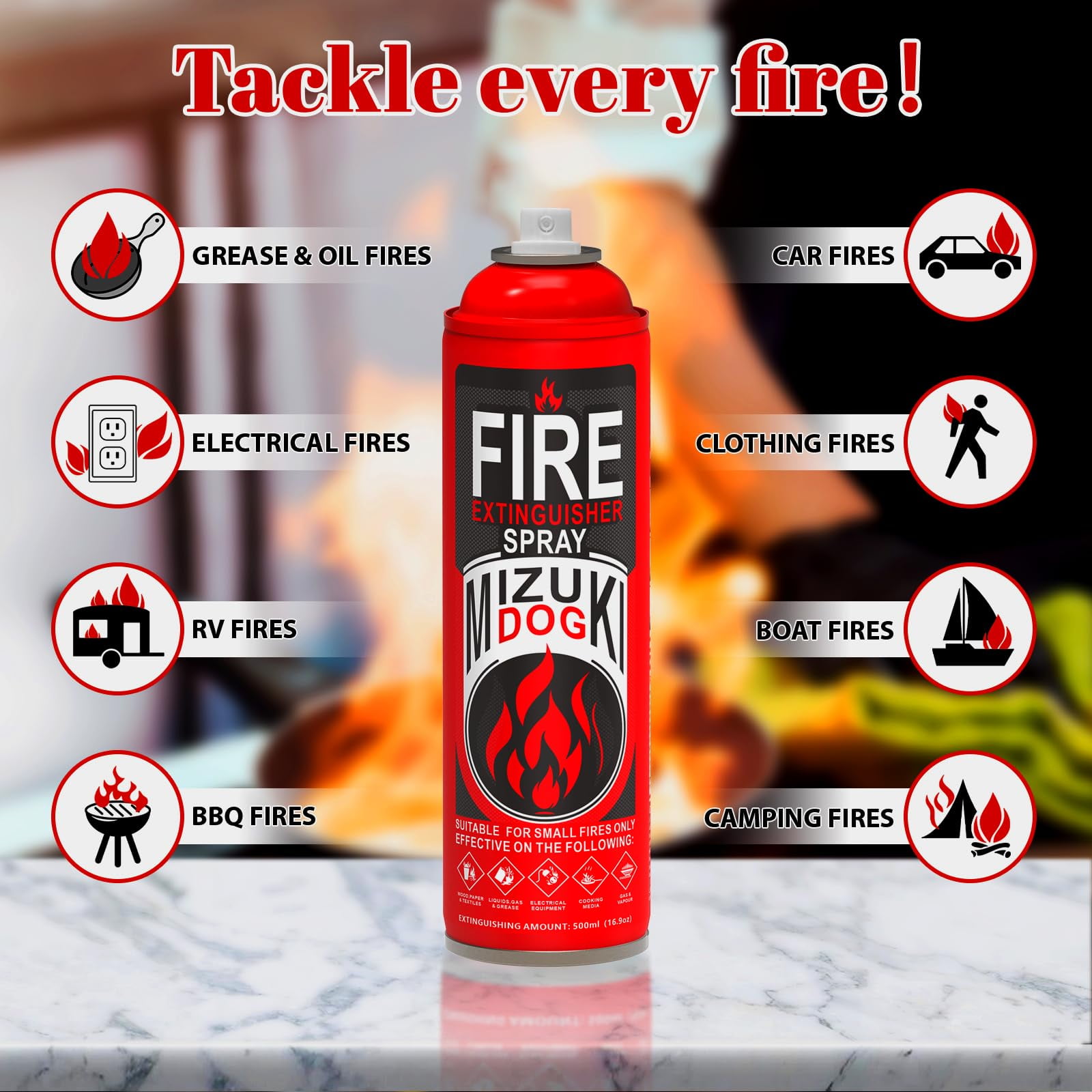 Mizuki Dog Portable Fire Extinguisher Spray with Wall Mount Bracket, Small Multi-Purpose Fire Spray for Home, Kitchen, Car, RV and Boat