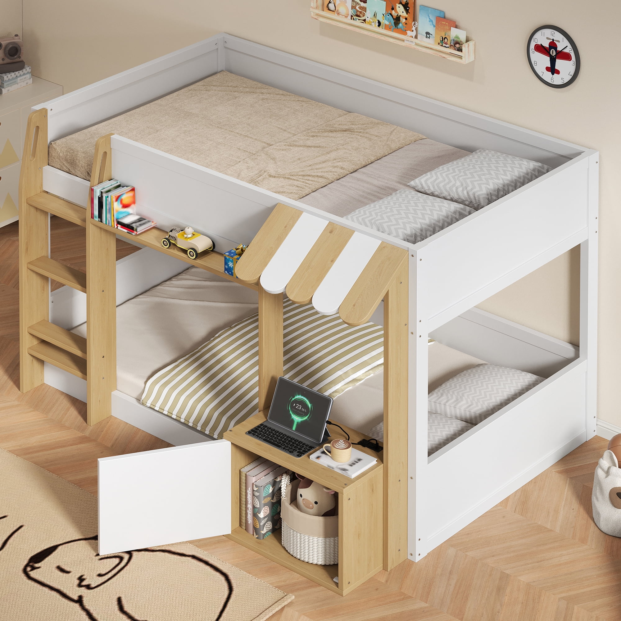 Euroco Wood Twin over Twin Bunk Bed with Desk and Cabinets, Storage Bed with Shelves and USB Ports, White