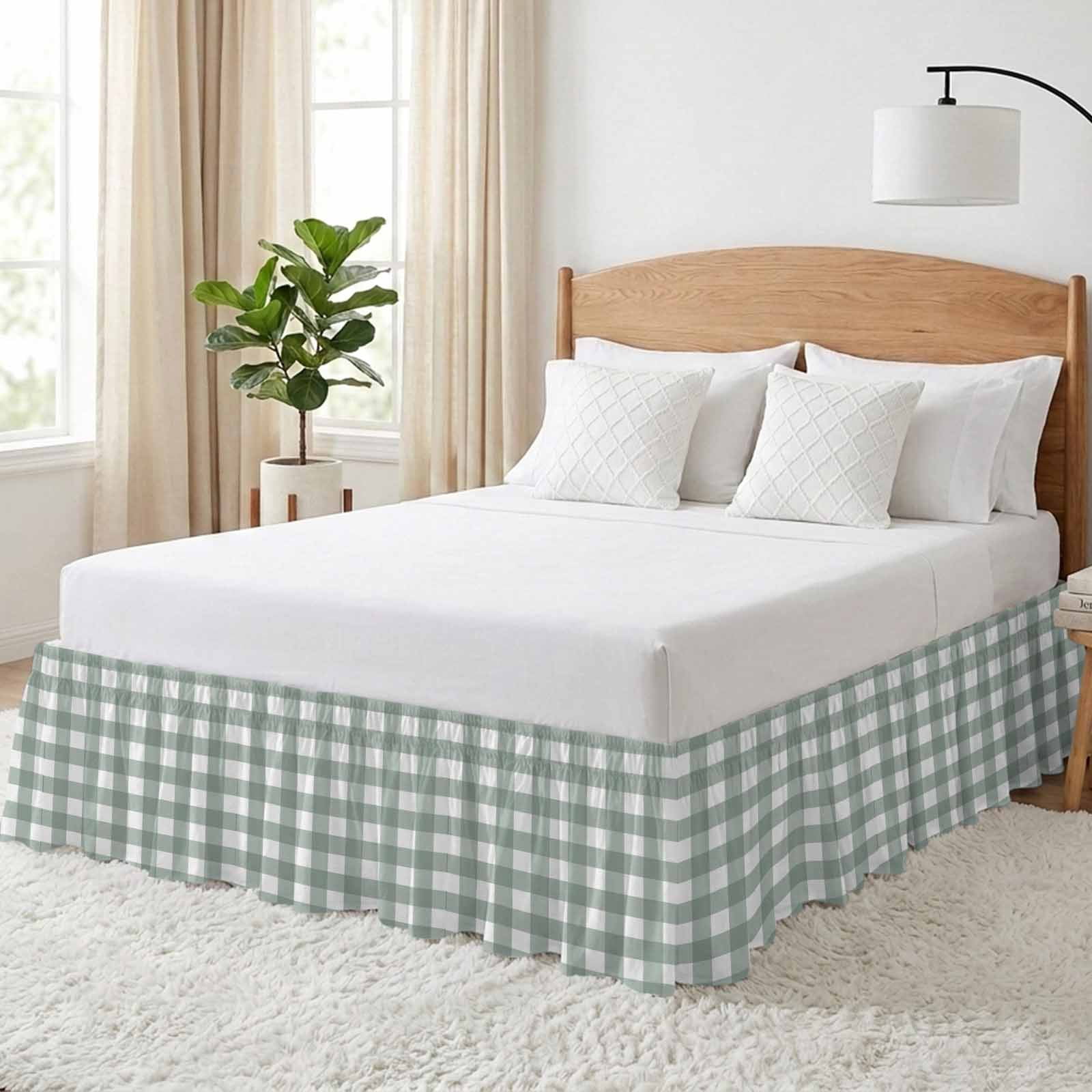 Green Farmhouse Bed Skirt Queen Size, Buffalo Plaid Check Lattice White Grid Wrap Around Bed Skirting with Adjustable Elastic Strap, Dust Ruffle Pleated Bedskirts 18 Inch Drop for Bedroom Queen Beds