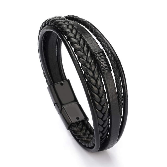 Pulsera de cuero trenzado vintage multicapa para hombre, pulsera negra para hombre, pulsera trenzada informal