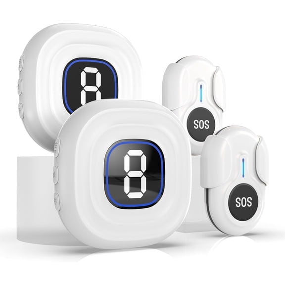 CallToU Caregiver Pager, Wireless Portable Alert System with 12-Min Long Ringtone for Seniors, Elderly, Patients – 2 Receivers & 2 Call Buttons