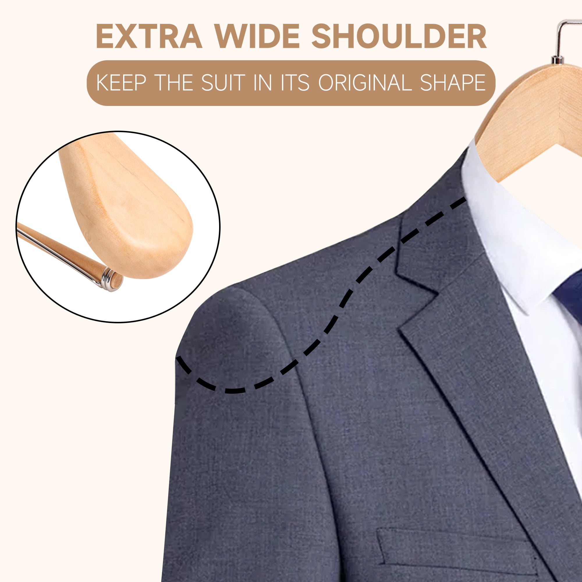 BP4U 6-Pack Premium Wide Shoulder Wooden Suit Hangers, Heavy-Duty Non-Slip Solid Wood Coat Hangers with Locking Bar for Suits & Coats(Natural Wood)