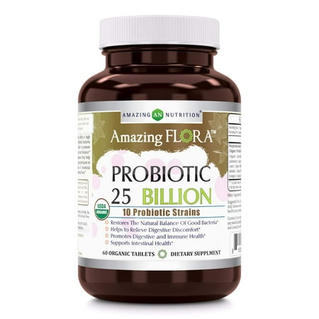 Amazing Flora - USDA Certified Organic Probiotic 25 Billion - 10 Probiotic Strains - 60 Organic Tablets - Restores The Natural Balance of Good Bacteria - Helps to Relieve Digestive (Best Probiotic For Women's Ph Balance)