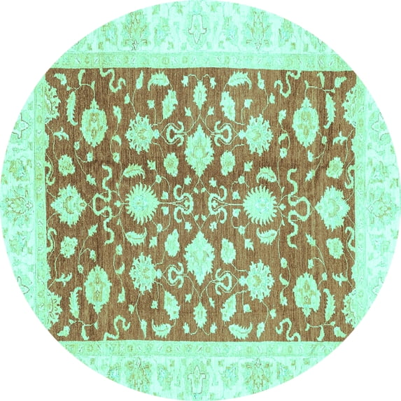 Ahgly Company Machine Washable Indoor Round Oriental Turquoise Blue Traditional Area Rugs, 8' Round
