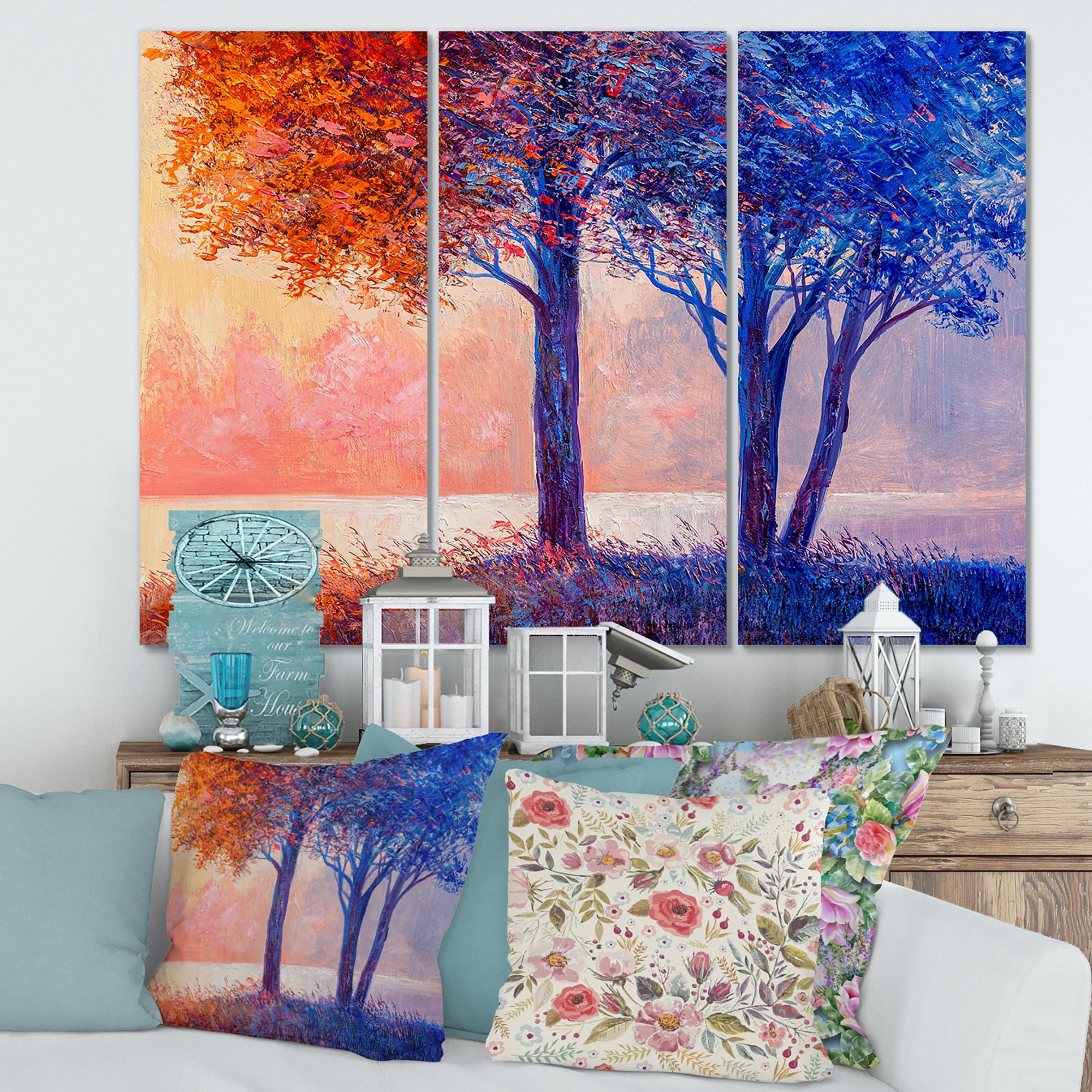 Designart ' Colorful Autumn Forest Trees Along Beautiful River ' Lake House Canvas Wall Art Print