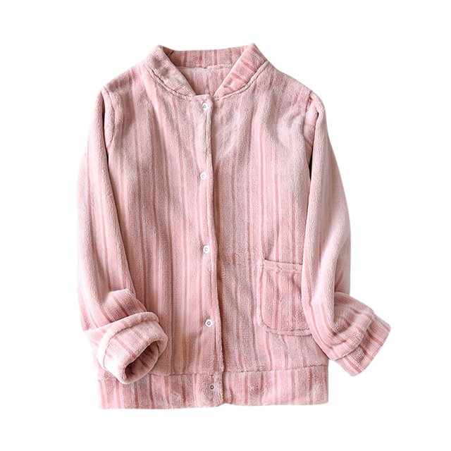 MeetoTime Womens Pajama Top Solid Color Thick Fleece Warm Long Sleeved Button Tops with Pocket Home Clothes