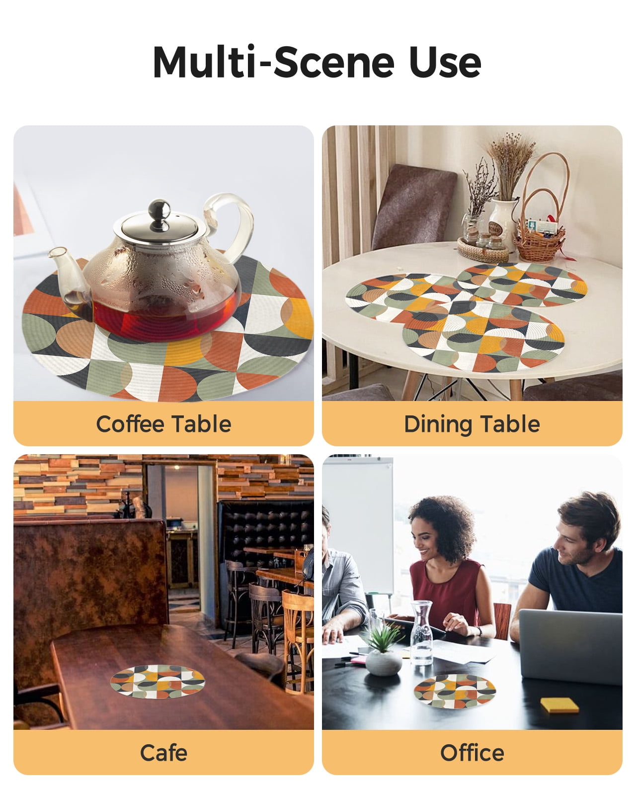Mid-century Modern Round Table Placemats set of 4, Vintage Color Abstract Geometric Pattern Washable Woven Place Mats for Dining Tables Kitchen Party Decor,Heat Proof, 13in,