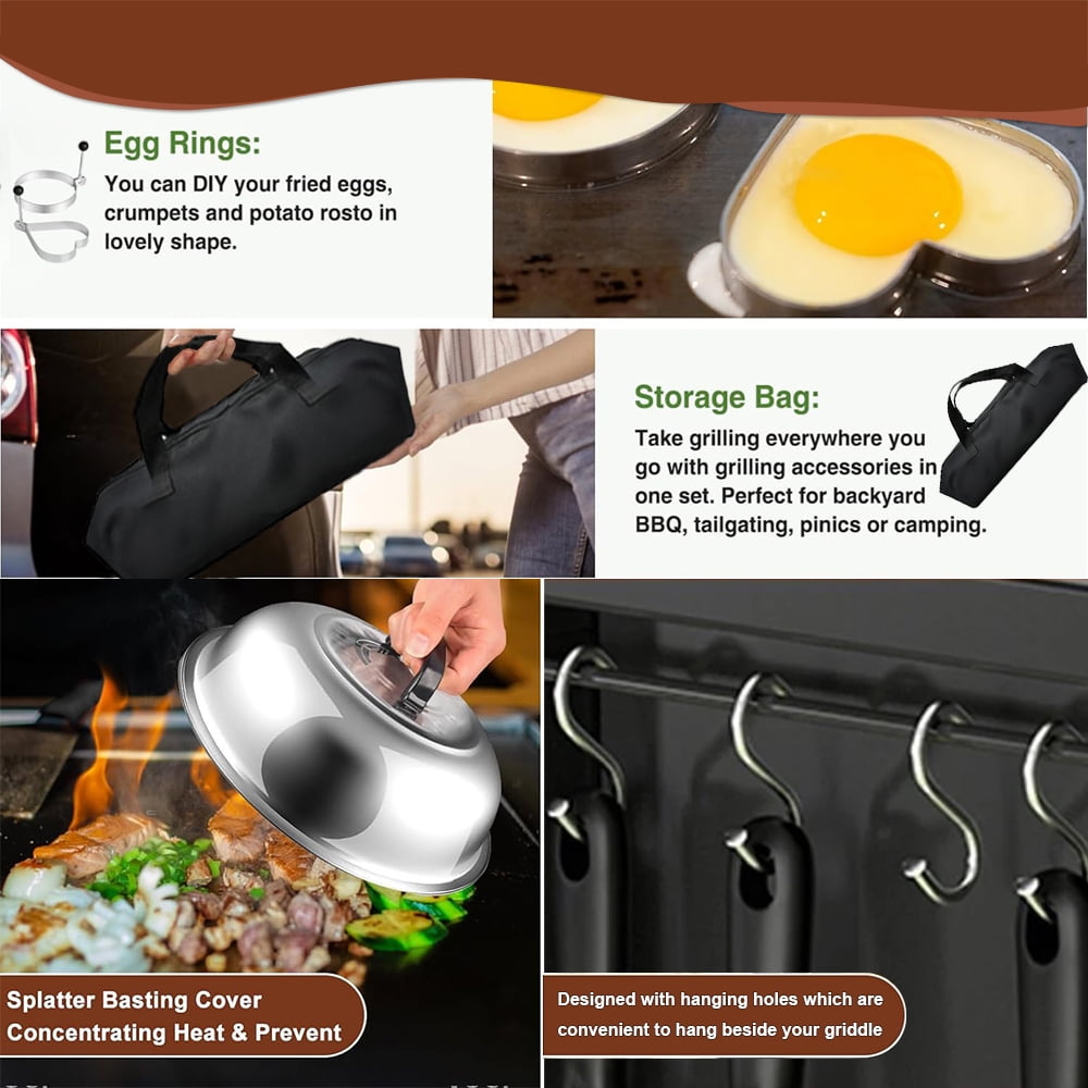 Oxenhors Griddle Accessories Kit, 26Pcs Grilling Accessories Set for Blackstone and Camp Chef, Flat Top Grill Accessories Set with Spatulas, Scraper, Egg Ring, Tong, Basting Cover for Outdoor BBQ