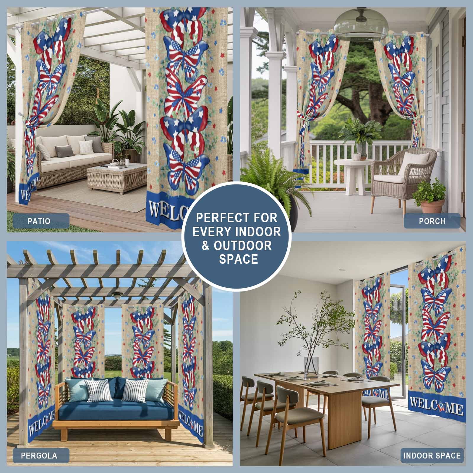 American Flag Butterfly Outdoor Curtains for Patio, Independence Day WELCOME Leaf Retro Sunshade Privacy Drapes Grommet Waterproof Outside Curtains for Porch/Cabana/Balcony 54"x 108", 1 Panel