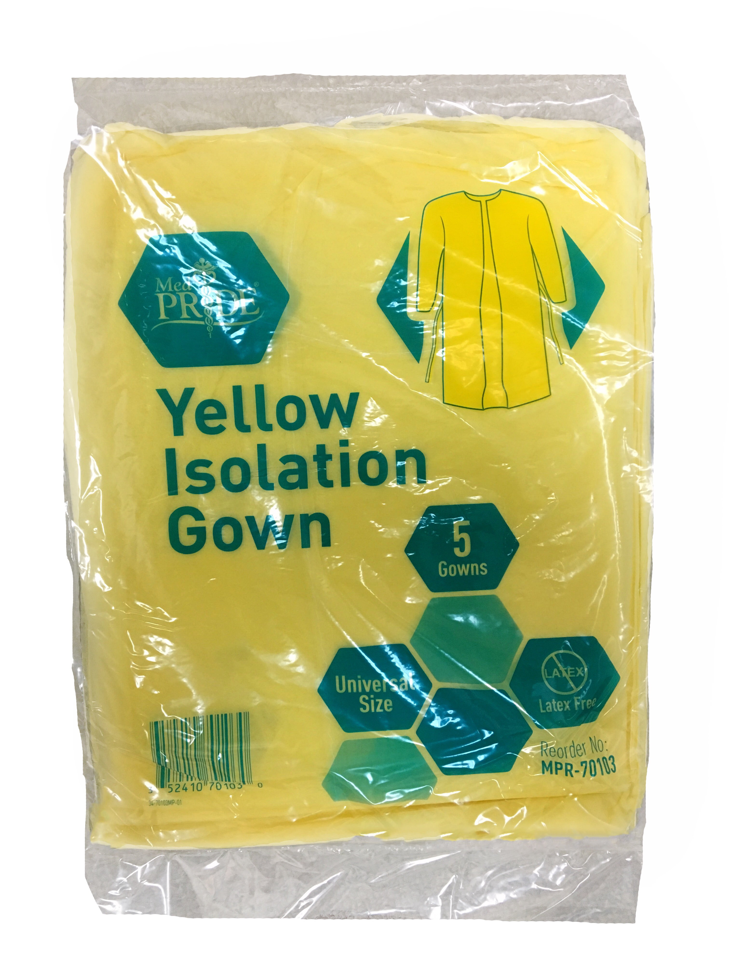 Medpride Yellow Isolation Gown 5 Pack Elastic Cuffs