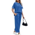 thumbnail image 5 of Women's 2 Piece Sets Summer Casual Short Sleeve Tops Wide Leg Pants Matching Lounge Set Vacation Travel Outfits Blue 2XL, 5 of 6