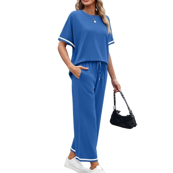 Two Piece Sets for Women Summer Outfits Wide Leg Crop Pants Lounge Sets Airport Beach Vacation Clothes Blue XL