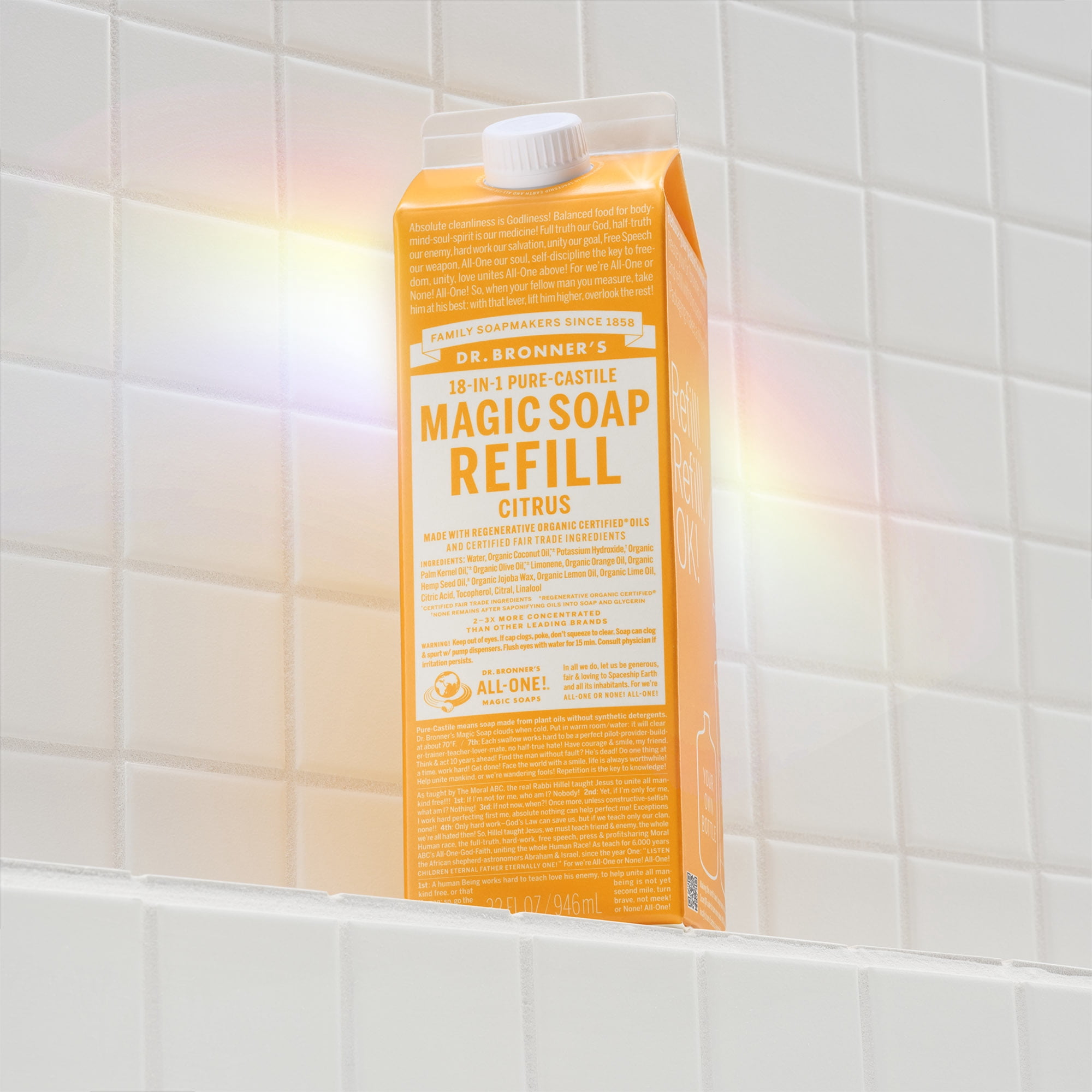 Dr. Bronner's Magic Soap Refill - Citrus - Pure-Castile Liquid Soap Carton - 32 oz – for face, body wash, hands