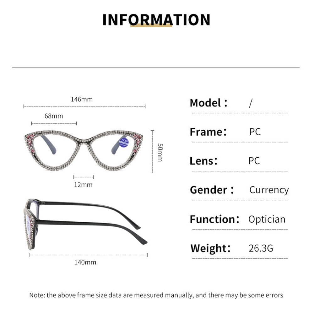 2 Pairs of Ladies Handmade Diamond Reading Glasses 1.50 Women Black Frame Elegant Anti-blue Light Cat Eye Readers +1.50 Strength