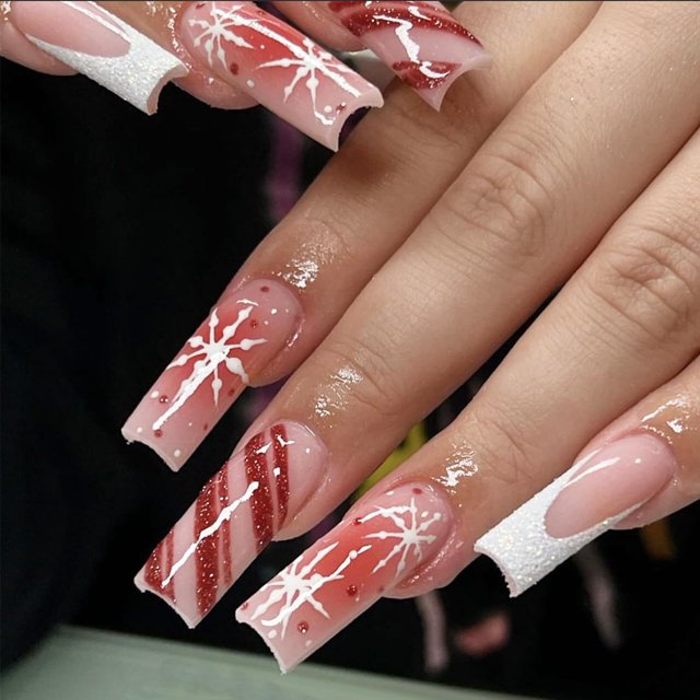 Uñas postizas GUAACCB largas cuadradas con copos de nieve, Navidad, 24 piezas