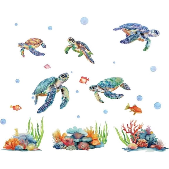 Sea Turtle Wall Stickers Undersea Plant Wall Decals Cute Sea Animals Wall Sticker PVC Decor DIY Art Wall Decors Mural for Bedroom Toddler Room Baby Nursery Bathroom
